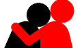 two silhouettes, one red, one black, one with arms around the other