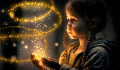 child with hands open to spiraling lights